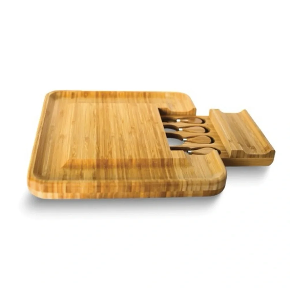 Bamboo Cheese Board with Drawer and Four Stainless Steel Tools Box Set